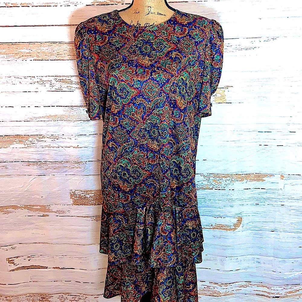 Vintage Satin Paisley Ruffled Dress with Shoulder Pads Large